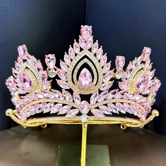 Quinceanera Crown, Pink Rhinestone Crown, Large Size Crown, Gold Crystal Crown